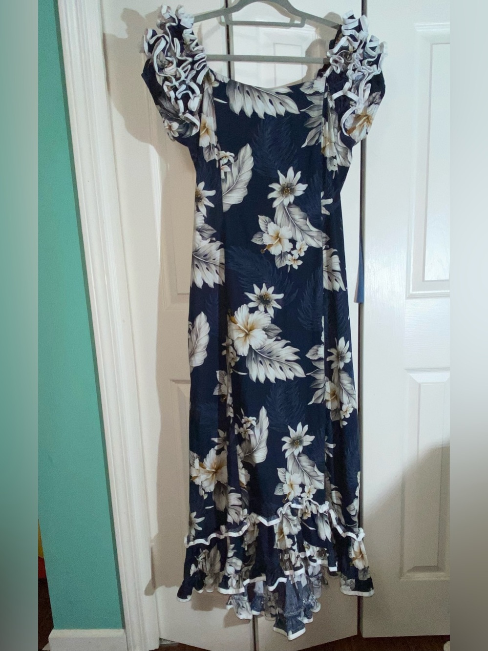 Pacific Legend - Hibiscus Navy Cotton Hawaiian Ruffle Long Muumuu Dress L   AA21